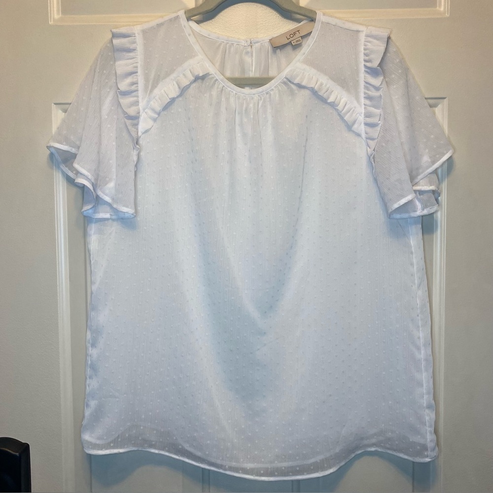 Loft Elegant White Ruffle Sleeve Sheer Dotted Swiss Top w/ Camisole Sz Medium